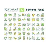 Farming trends RGB color icons set. Agriculture technology. Food security. Climate change. Soil health. Isolated vector illustrations. Simple filled line drawings collection. Editable stroke