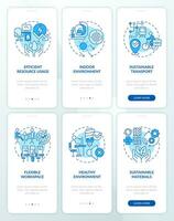 2d íconos representando sostenible oficina móvil aplicación pantalla colocar. recorrido 3 pasos azul gráfico instrucciones con Delgado línea íconos concepto, ui, ux, gui modelo. vector