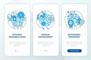 2D blue linear icons representing sustainable office mobile app screen set. 3 steps graphic instructions, UI, UX, GUI template. vector