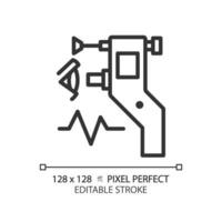 Eye tonometer pixel perfect linear icon. Ocular tonometry. Optical store. Vision test. Glaucoma treatment. Thin line illustration. Contour symbol. Vector outline drawing. Editable stroke