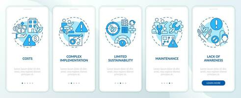 2D thin line icons representing sustainable office mobile app screen set. 5 steps graphic instructions, UI, UX, GUI template. vector