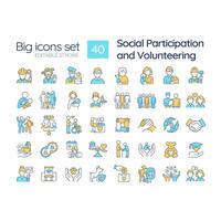 Social participation and volunteering RGB color icons set. Community involvement. Civic engagement. Non profit. Isolated vector illustrations. Simple filled line drawings collection. Editable stroke