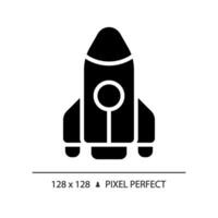 Rocket pixel perfect black glyph icon. Space vehicle. Aerospace engineering. New product. Future technology. Silhouette symbol on white space. Solid pictogram. Vector isolated illustration