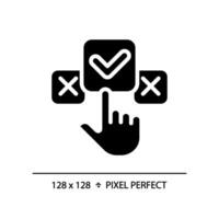 2d píxel Perfecto silueta haciendo clic en cheque marca icono, aislado vector, glifo estilo negro ilustración representando comparaciones vector