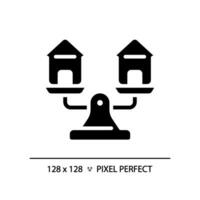 2D pixel perfect silhouette houses on weight scale icon, isolated vector, glyph style black illustration representing comparisons vector