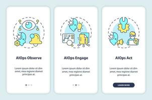 2D icons representing AI ops mobile app screen set. Walkthrough 3 steps colorful graphic instructions with linear icons concept, UI, UX, GUI template. vector