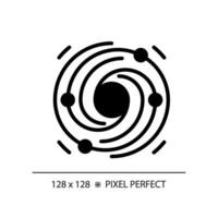 Galaxy pixel perfect black glyph icon. Black hole. Cosmic dust. Dark matter. Star formation. Space science. Silhouette symbol on white space. Solid pictogram. Vector isolated illustration