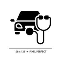 2D pixel perfect glyph style car health icon, isolated vector, simple silhouette illustration representing car service and repair. vector