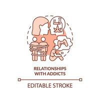 2D editable thin line icon relationships with addicts concept, monochromatic isolated vector, red illustration representing codependent relationship. vector