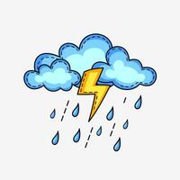 Flat Cute Rain Cloud Illustration Symbol with Unique Style Design, Unusual Rainy Weather Forecast with Yellow Thunder or Lightning Template Vector