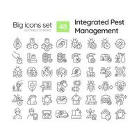 2D editable black big thin line icons set representing integrated pest management, isolated simple vector, linear illustration. vector