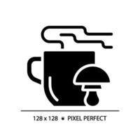 2D pixel perfect glyph style mushroom tea icon, isolated vector, silhouette illustration representing allergen free. vector