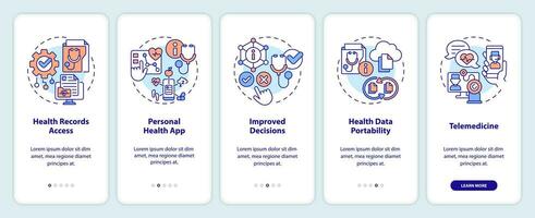 2d íconos representando salud interoperabilidad recursos móvil aplicación pantalla colocar. recorrido 5 5 pasos multicolor gráfico instrucciones con lineal íconos concepto, ui, ux, gui modelo. vector