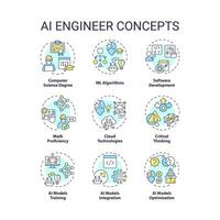 Set of 2D editable colorful thin line icons representing AI engineer, isolated vector, linear illustration. vector