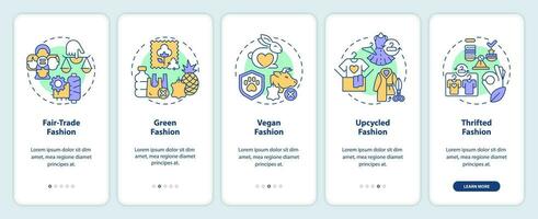 2D icons representing sustainable fashion mobile app screen set. Walkthrough 5 steps multicolor graphic instructions with linear icons concept, UI, UX, GUI template. vector