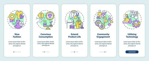 2d íconos representando sostenible Moda móvil aplicación pantalla colocar. recorrido 5 5 pasos vistoso gráfico instrucciones con lineal íconos concepto, ui, ux, gui modelo. vector