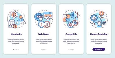 2D icons representing health interoperability resources mobile app screen set. Walkthrough 4 steps multicolor graphic instructions with thin line icons concept, UI, UX, GUI template. vector