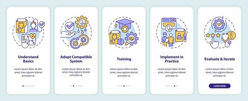 2D multicolor icons representing health interoperability resources mobile app screen set. Walkthrough 5 steps graphic instructions with line icons concept, UI, UX, GUI template. vector