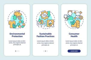 2D icons representing sustainable fashion mobile app screen set. Walkthrough 3 steps multicolor graphic instructions with thin line icons concept, UI, UX, GUI template. vector