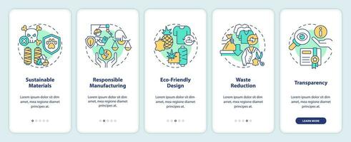 2d íconos representando sostenible Moda móvil aplicación pantalla colocar. recorrido 5 5 pasos multicolor gráfico instrucciones con Delgado lineal íconos concepto, ui, ux, gui modelo. vector