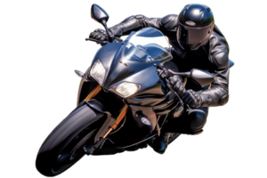 AI generated Man in leather jacket and helmet sitting on bike on transparent background png