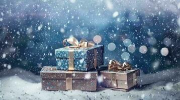 AI generated Beautifully wrapped Christmas gifts nestled in a serene winter landscape with snowflakes video