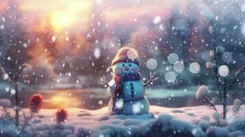 ai généré charmant bonhomme de neige dans une de fête hiver pays des merveilles avec flocons de neige video
