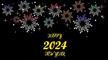 Happy New Year 2024 typography with fireworks design black background photo