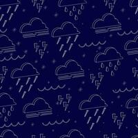 Seamless tile of isolated white contour 3d weather icons on blue background with cloud, rain, snow, lightning for textile, packaging. Vector illustration.