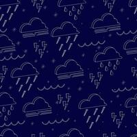 Seamless tile of isolated white contour 3d weather icons on blue background with cloud, rain, snow, lightning for textile, packaging. Vector illustration.