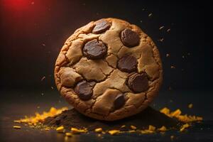 ai generado chocolate chip galletas en naranja antecedentes. cerca arriba. selectivo enfocar. ai generativo foto