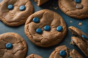 AI generated Chocolate chip cookies on orange background. Close up. Selective focus. ai generative photo