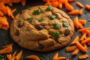 ai generado chocolate chip galletas en naranja antecedentes. cerca arriba. selectivo enfocar. ai generativo foto