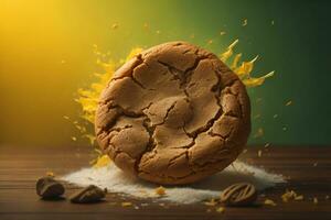 ai generado chocolate chip galletas en naranja antecedentes. cerca arriba. selectivo enfocar. ai generativo foto