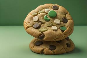 AI generated Chocolate chip cookies on orange background. Close up. Selective focus. ai generative photo