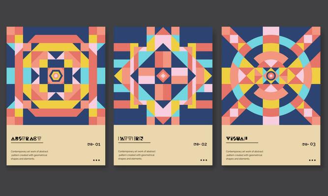 set of 3 Abstract Geometric posters. contemporary cover templates with abstract geometry..Retro architecture minimal shapes, forms. Magazine, journal or album creative art cover.