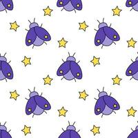 Seamless pattern with mystical bugs and stars. Celestial violet insects. Magic bohemian background. vector