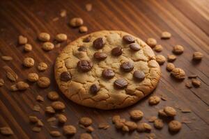 ai generado chocolate chip galletas en naranja antecedentes. cerca arriba. selectivo enfocar. ai generativo foto