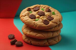 AI generated Chocolate chip cookies on orange background. Close up. Selective focus. ai generative photo