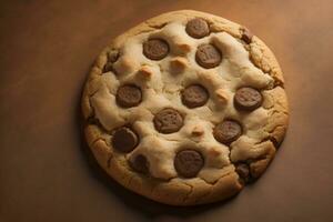 ai generado chocolate chip galletas en naranja antecedentes. cerca arriba. selectivo enfocar. ai generativo foto