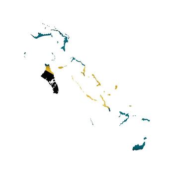 Vector isolated illustration with Bahamas national flag with shape of islands map, simplified. Volume shadow on the map. White background.