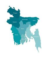 Vector isolated illustration of simplified administrative map of Bangladesh. Borders and names of the regions. Colorful blue khaki silhouettes