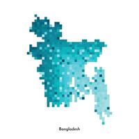 Vector isolated geometric illustration with simplified icy blue silhouette of Bangladesh map. Pixel art style for NFT template. Dotted logo with gradient texture for design on white background