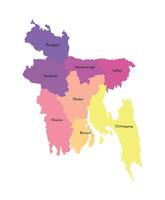 Vector isolated illustration of simplified administrative map of Bangladesh. Borders and names of the regions. Multi colored silhouettes.