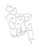 Vector isolated illustration of simplified administrative map of Bangladesh. Borders and names of the regions. Black line silhouettes.