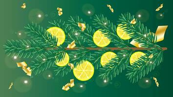 Christmas fir branch with confetti lemons and golden serpentine on a green background. Merry Christmas and Happy New Year holiday card. photo