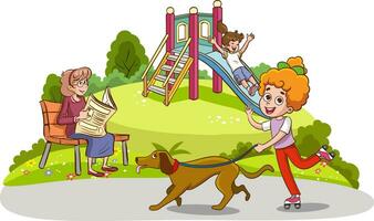 vector illustration of children walking dog in park