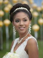 AI generated Portrit of beautiful bride in white wedding dress with bridal bouquet photo