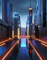 AI generated Futuristic city with high skyscrapers and neon lights photo