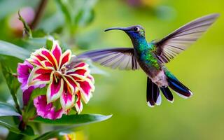 ai generado encantador ballet de colibríes en medio de tropical flores foto